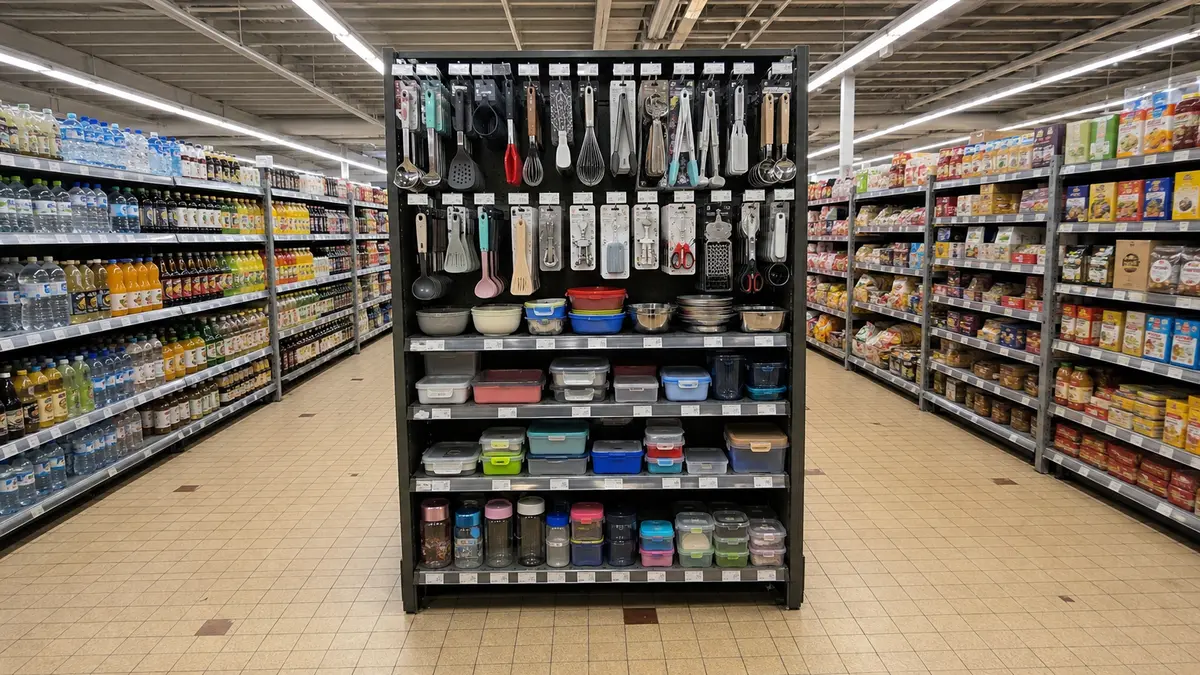 Rayon compact d'ustensiles de cuisine et boîtes de conservation en supérette